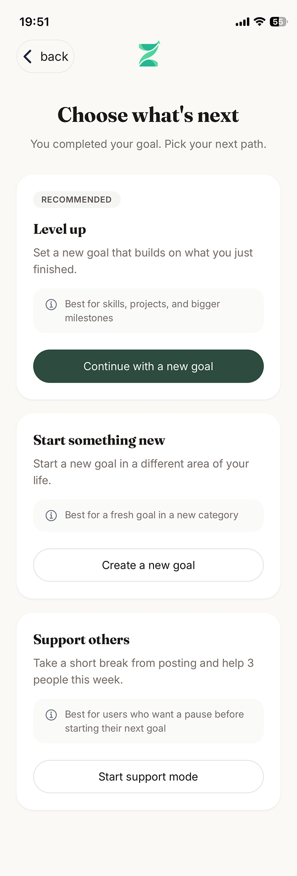 Zylon fork screen letting the user choose what comes after finishing a goal