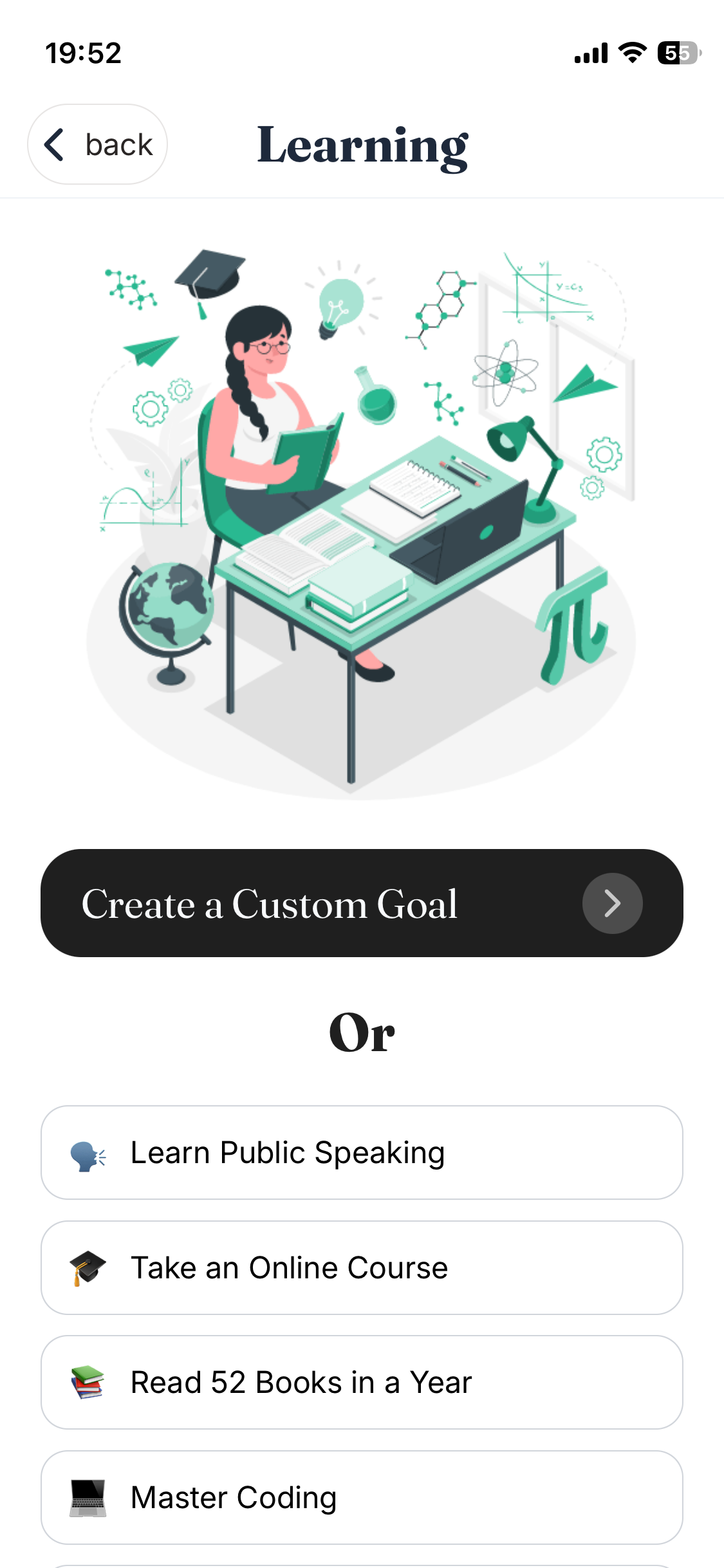 Zylon goal setup screen for choosing a learning goal
