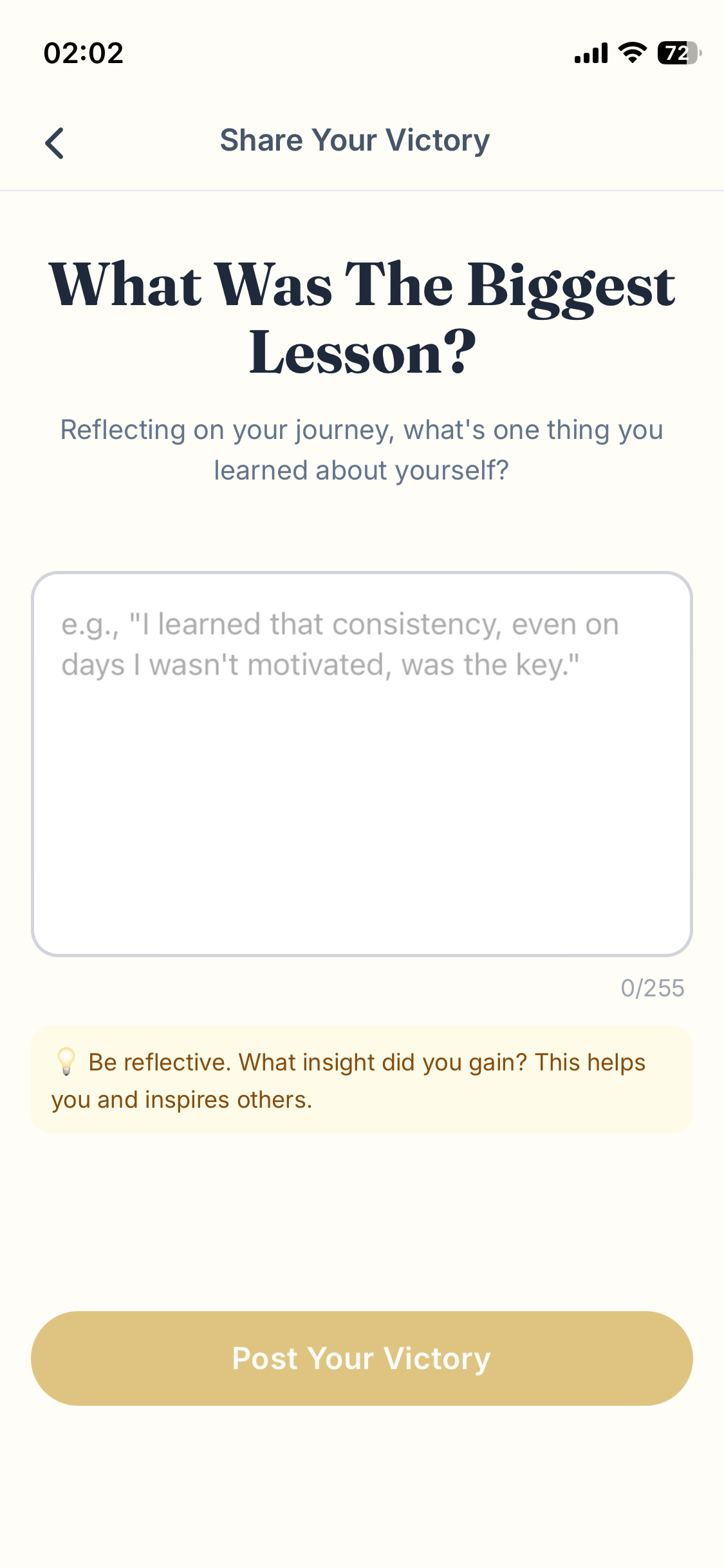 Zylon reflection screen asking for the biggest lesson learned