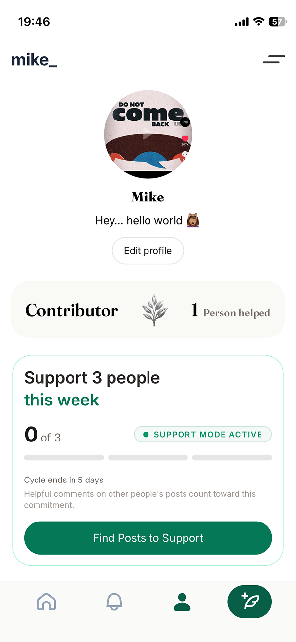 Zylon profile screen showing Contributor status and a weekly support goal