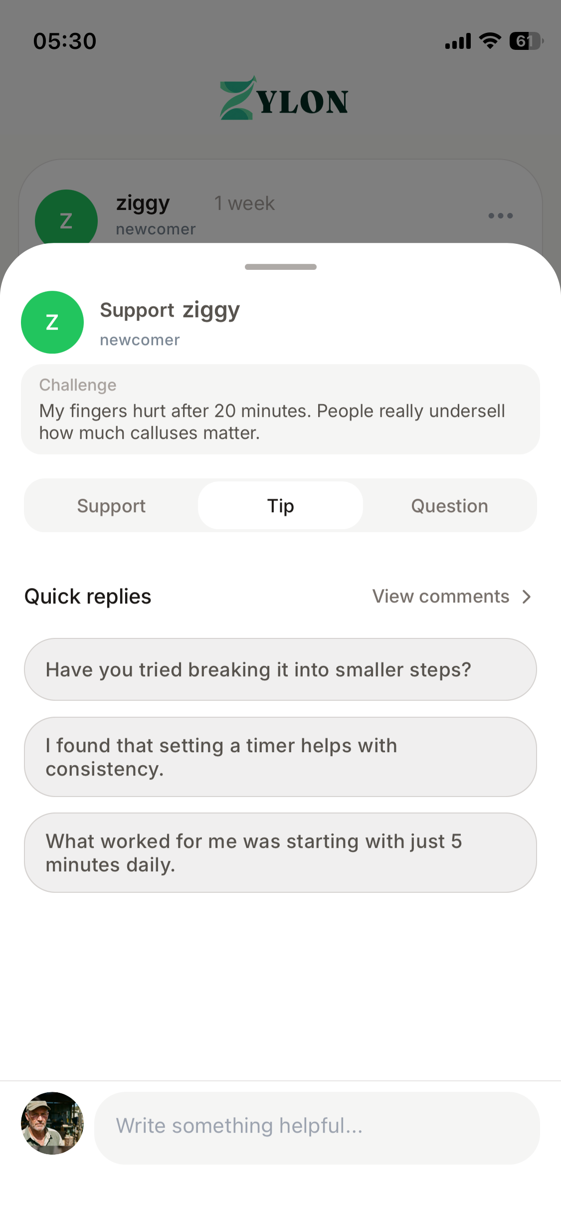 Zylon support sheet with structured quick replies